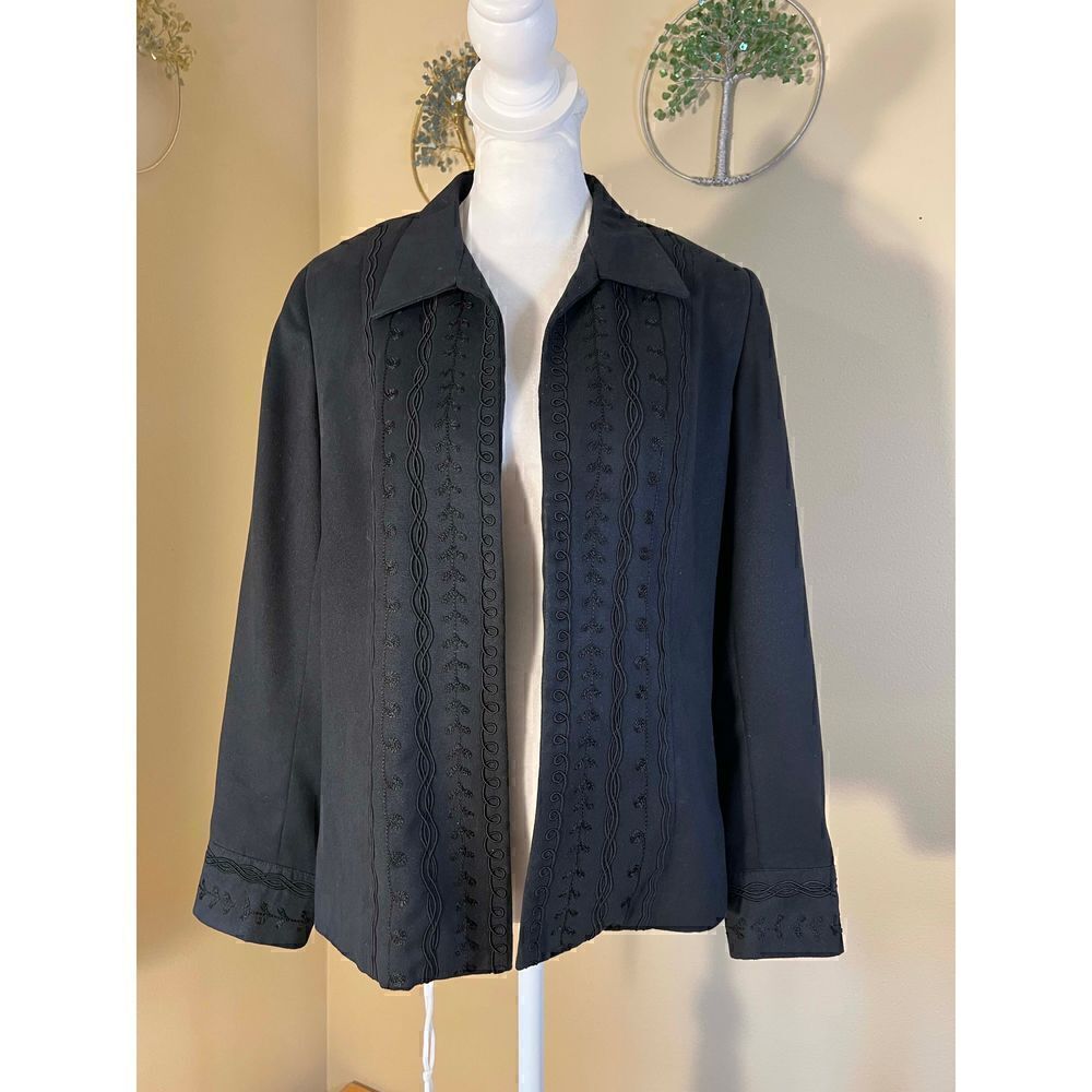 Vintage Blue Ice Black Faux Micro Suede Embroidered Open Front Blazer Size 8